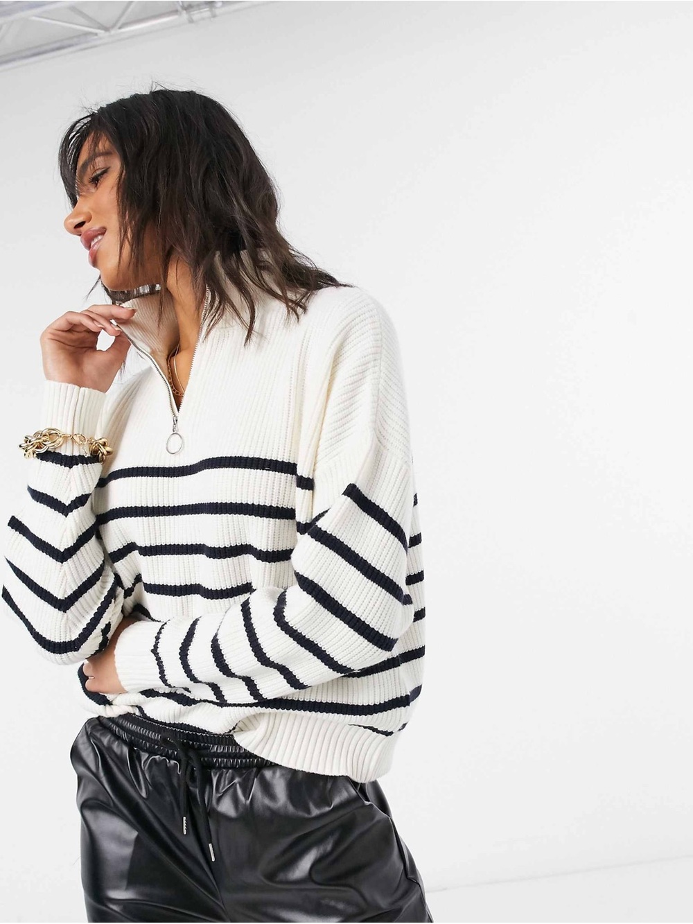Mango half zip striped oversized sweater in ecru